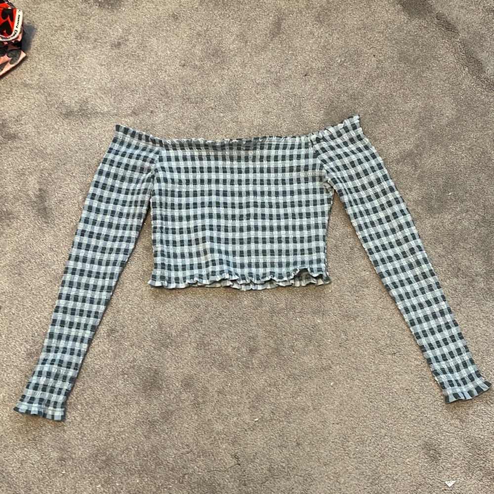 Wild Fable off the shoulder light and dark blue plaid shirt